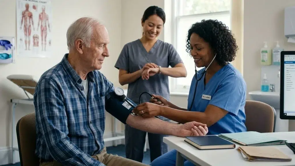 Doctor showing pathology results and health goals on a tablet