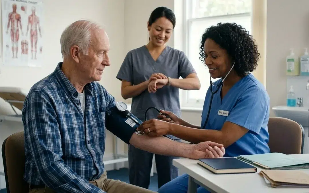 Doctor showing pathology results and health goals on a tablet