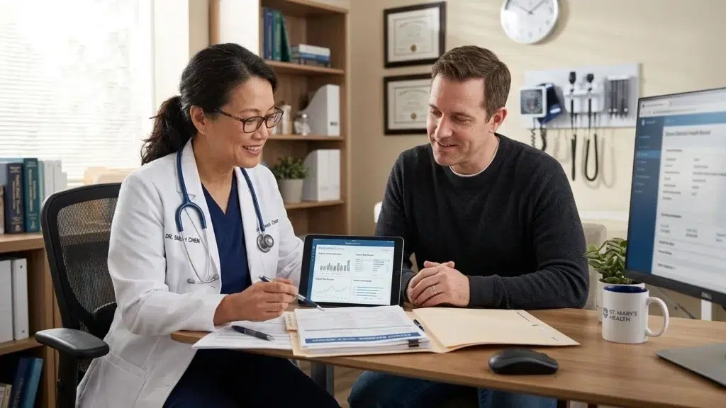 GP discussing a chronic disease management plan with a patient in Belconnen