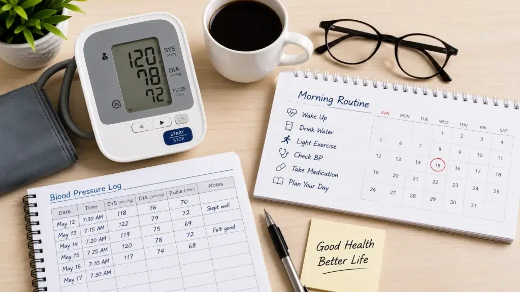 Home blood pressure monitoring log with digital BP monitor and patient readings