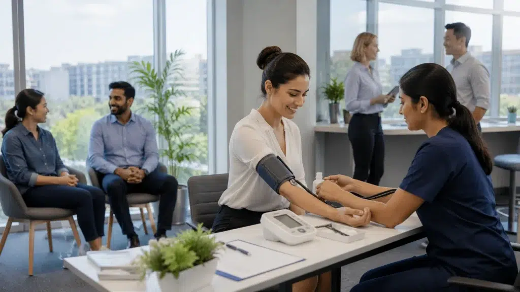 Healthcare professional conducting workplace health assessments for employees in a Belconnen office.