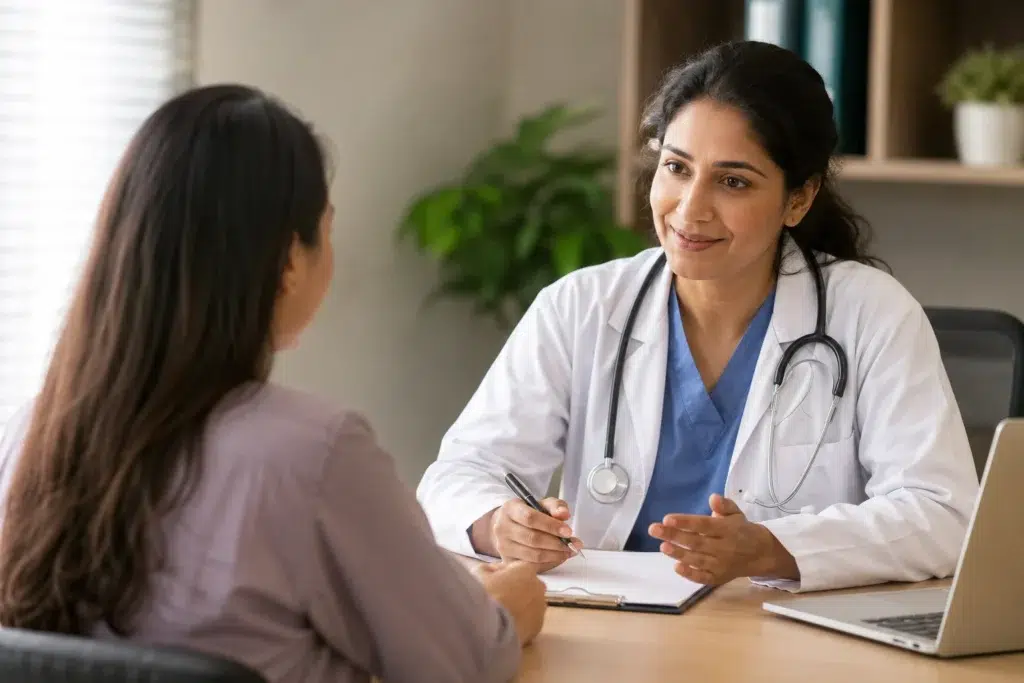 "GP discussing a personalised mental health care plan with an adult patient during a private consultation in a modern healthcare clinic in Belconnen."