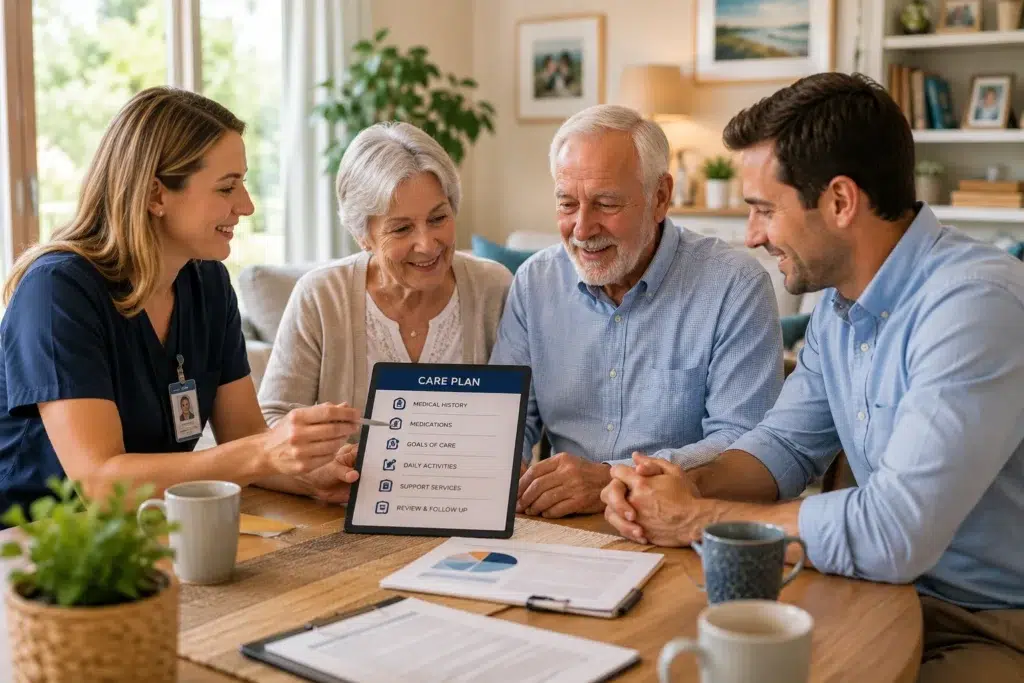 Family discussing personalized care plans for seniors in Belconnen with healthcare professional