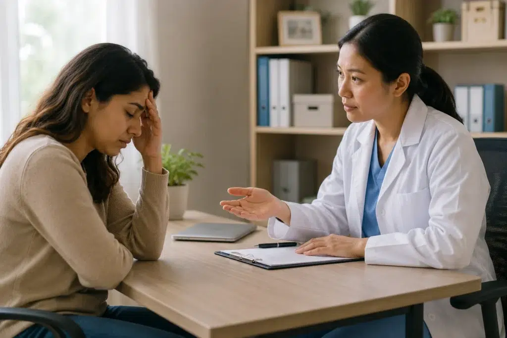 Doctor speaking with an adult patient about anxiety treatment options in a modern healthcare clinic.