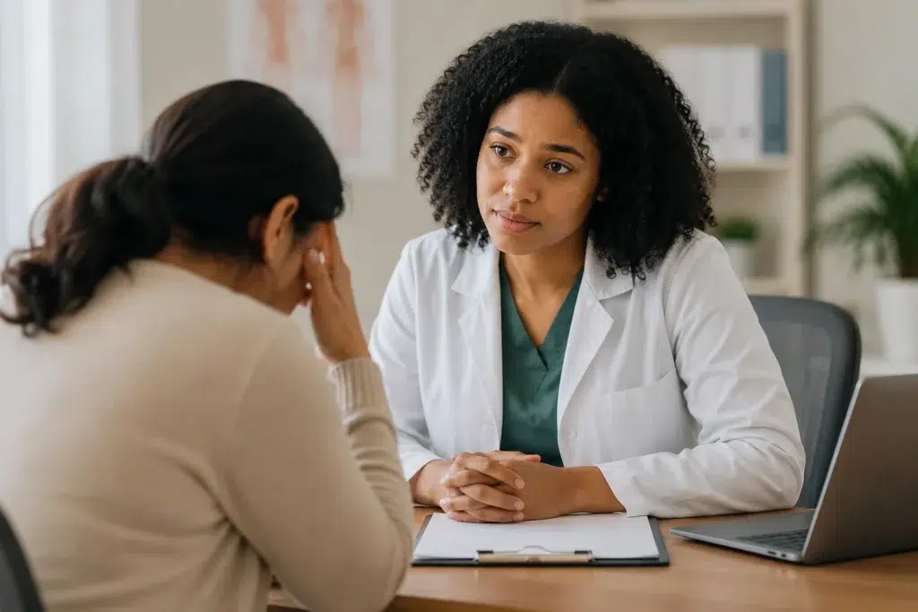 Patient attending a GP appointment for anxiety assessment and mental health support in a welcoming medical practice.