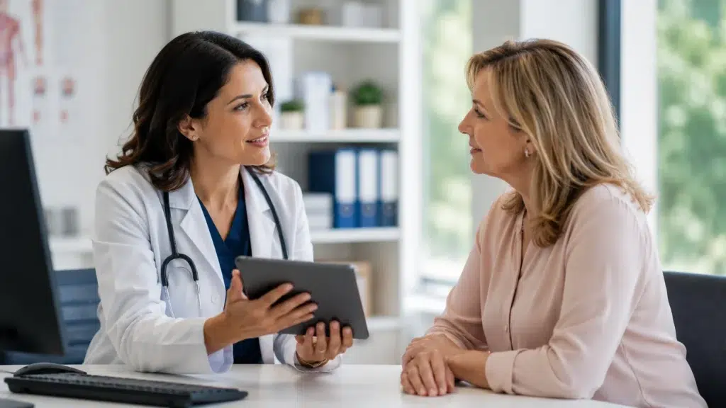 Healthcare professional providing personalised menopause care through holistic symptom management and mental wellbeing support.