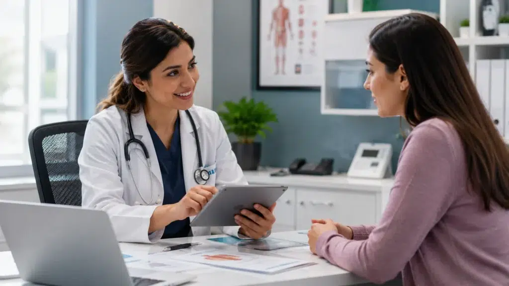 Female GP discussing preventive health screenings and annual wellness checks with an adult woman in a modern medical clinic.