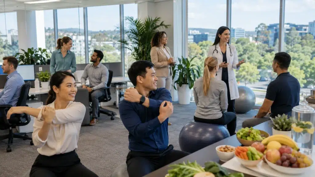 Employees participating in a workplace wellness program promoting health and wellbeing in Belconnen.