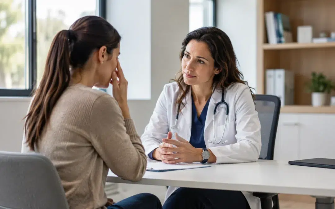 GP in Belconnen discussing anxiety symptoms with a patient during a compassionate mental health consultation.