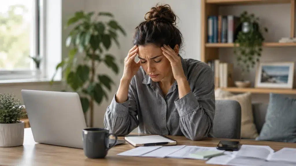 Person experiencing common anxiety symptoms including stress, worry, and difficulty concentrating.