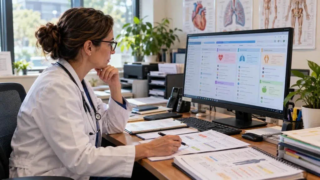 GP In Belconnen: Thoughtful Doctor Reviewing Medical Dashboard