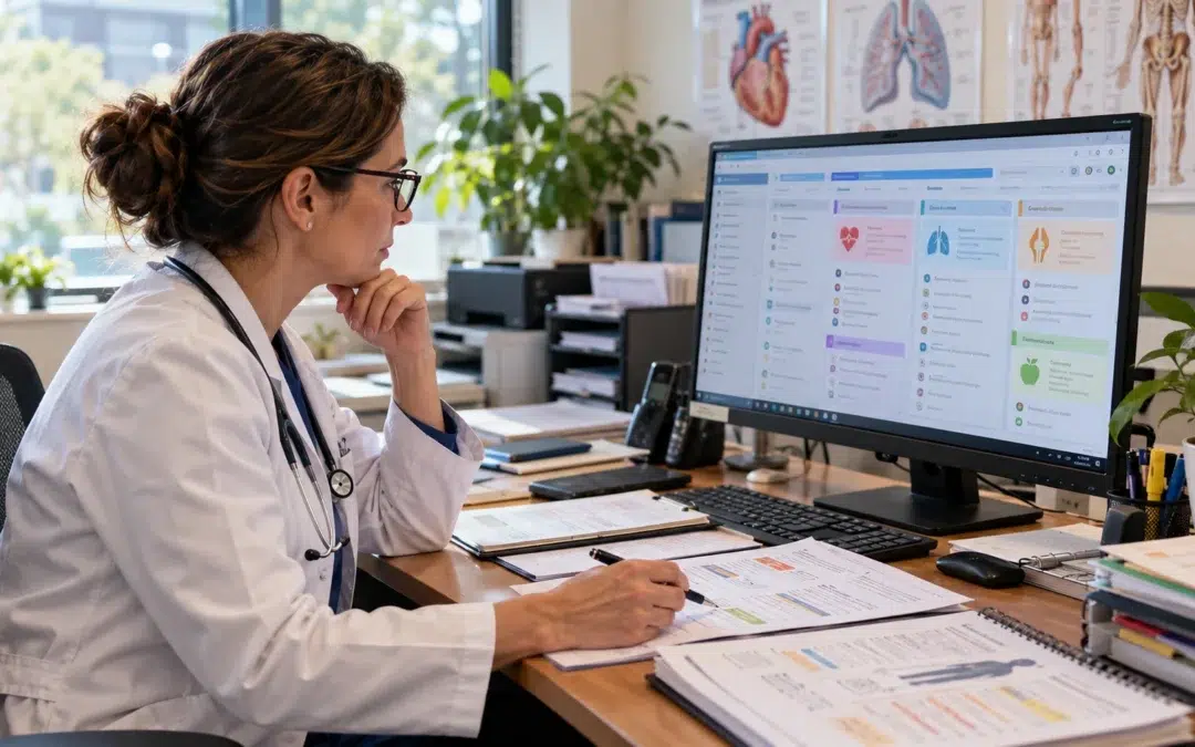 GP In Belconnen: Thoughtful Doctor Reviewing Medical Dashboard